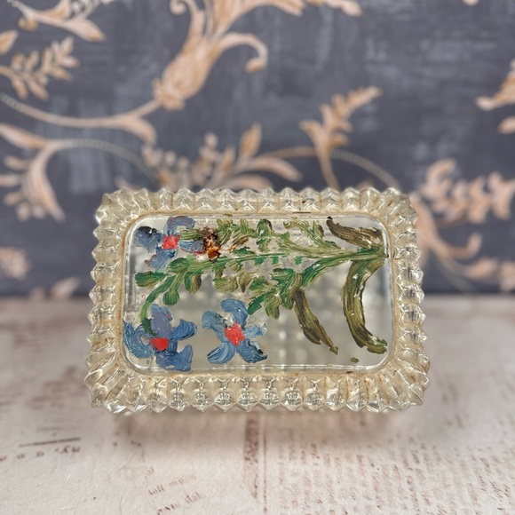 Vintage Hand Painted Glass Trinket Box Floral Design Lidded Estate Find